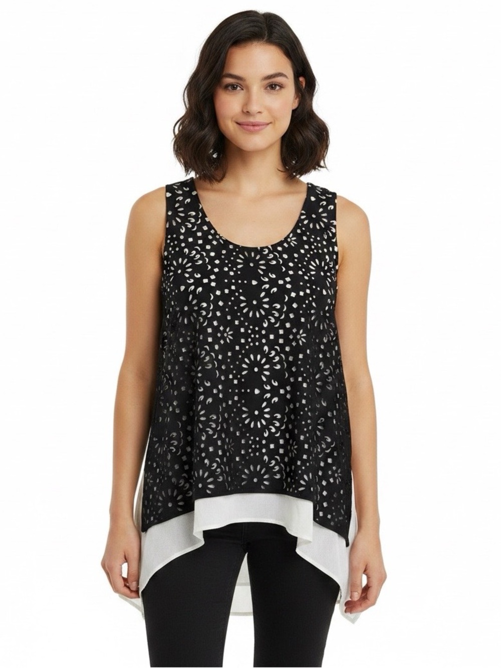 New York & Company black white sleeveless blouse floral laser cut overlay SMALL